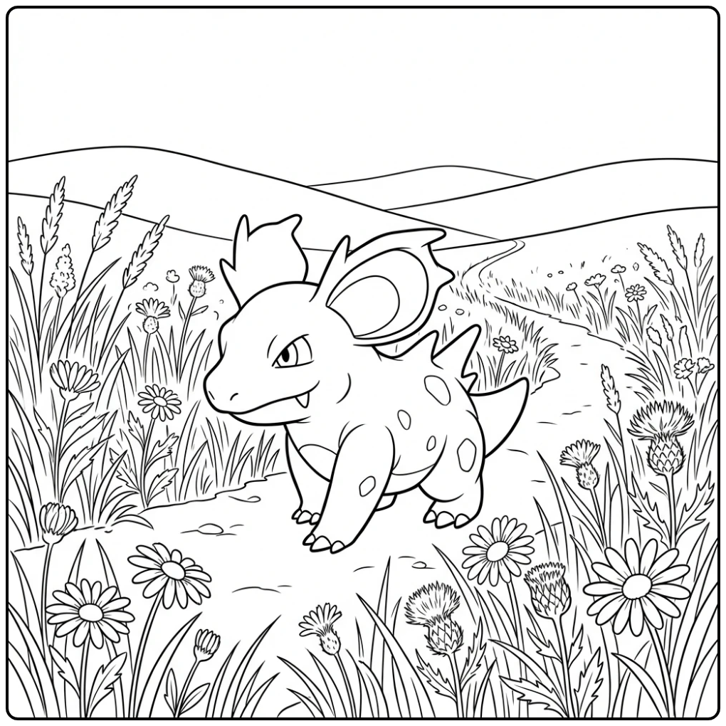 Prachtige Nidorina kleurplaat in een grasweide.