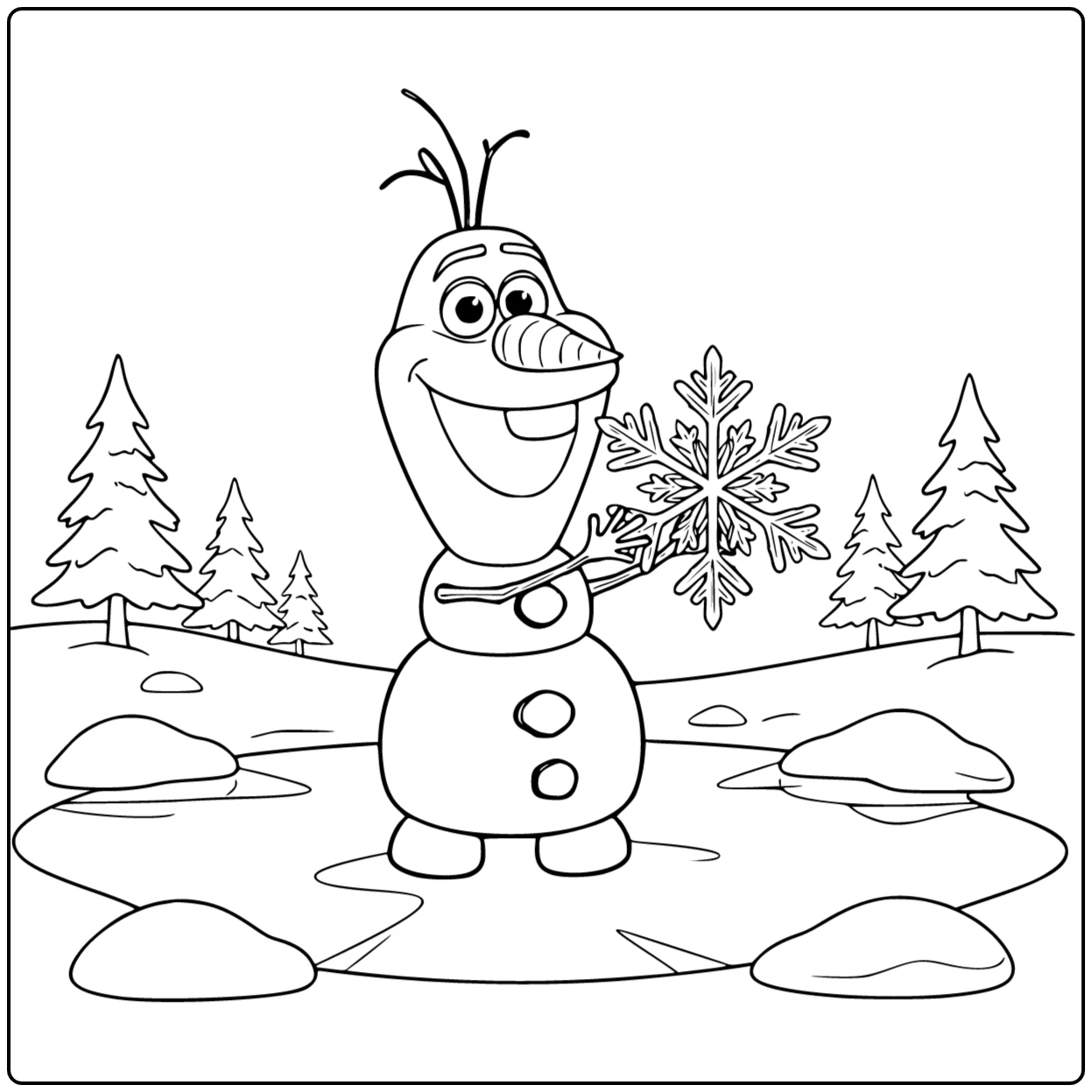 Mooie olaf kleurplaat met een grote sneeuwvlok in zijn hand.