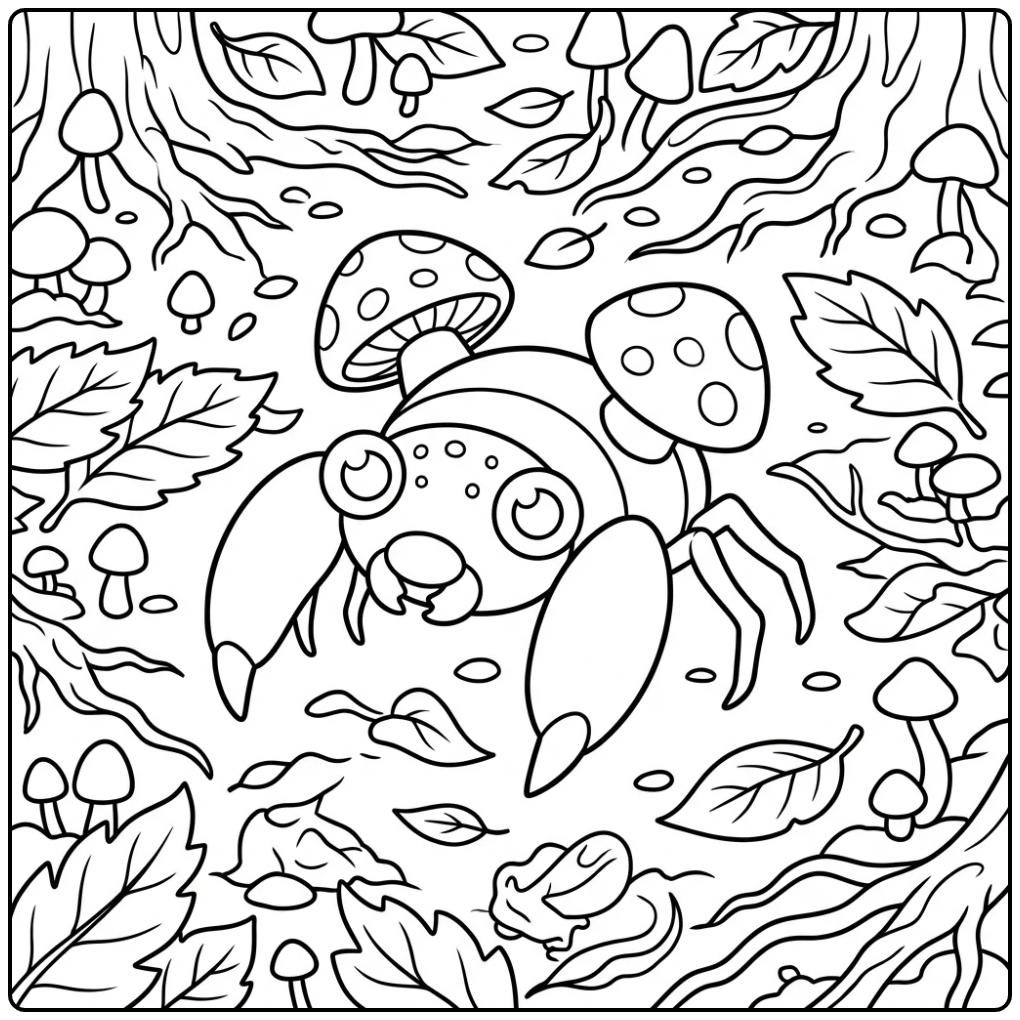 Paras kleurplaat in een bos vol bladeren en paddenstoelen.