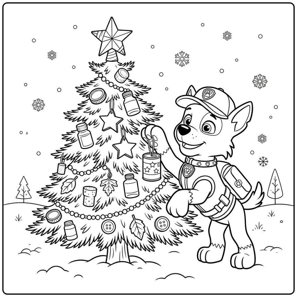 Rocky versiert de kerstboom in deze paw patrol kerst kleurplaat.