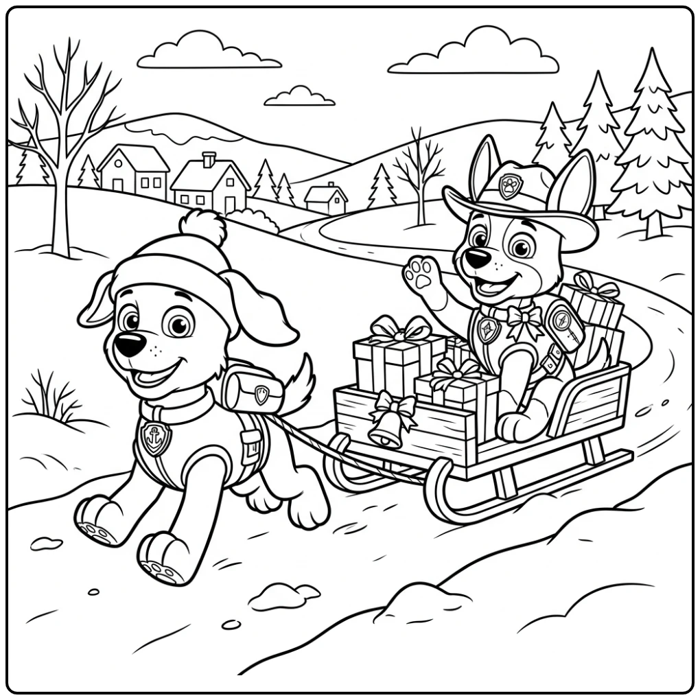 Zuma en Tracker leveren cadeaus met slee, paw patrol kerst kleurplaat.