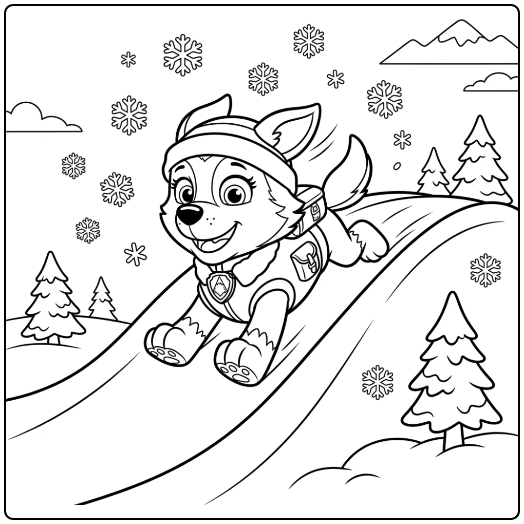 Everest glijdt vrolijk van de heuvel in deze paw patrol kleurplaat makkelijk