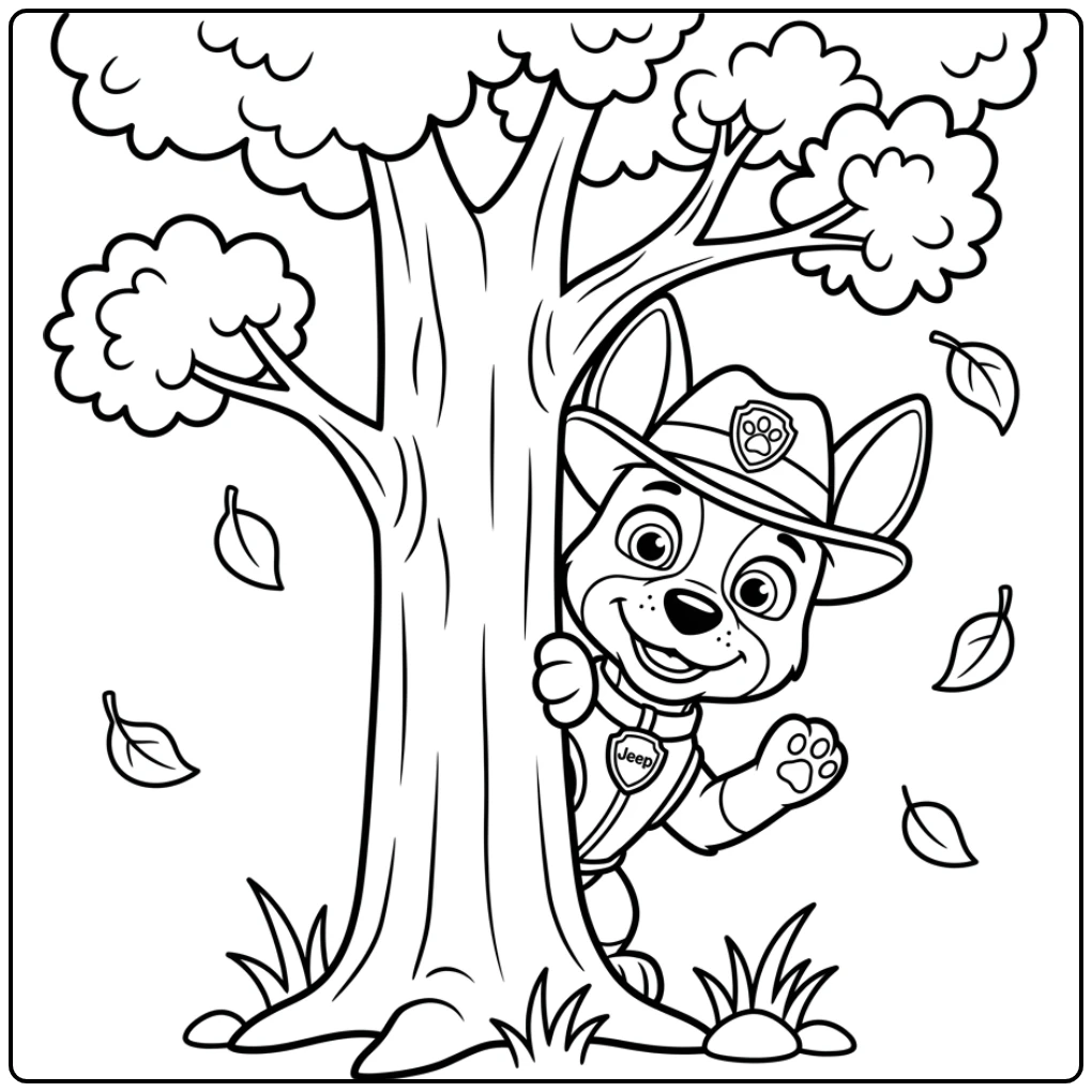 Tracker gluurt achter boom vandaan, paw patrol kleurplaat makkelijk.
