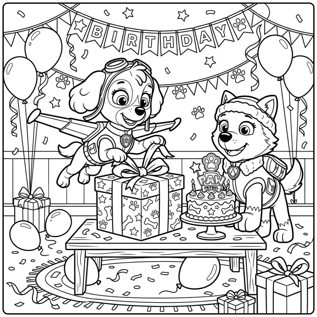 Skye en Everest vieren feest op deze paw patrol kleurplaat verjaardag.