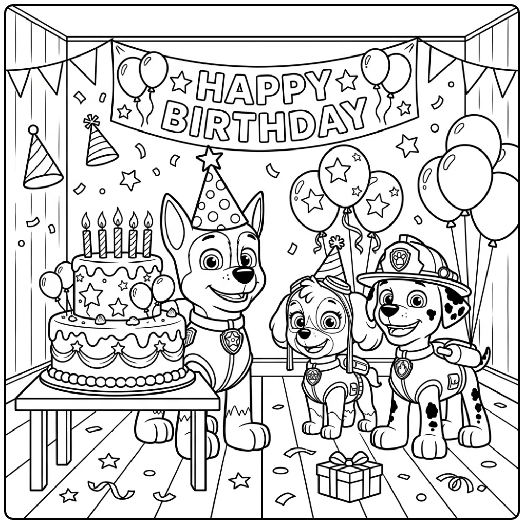paw patrol kleurplaat verjaardag met Chase, Skye, Marshall en taart