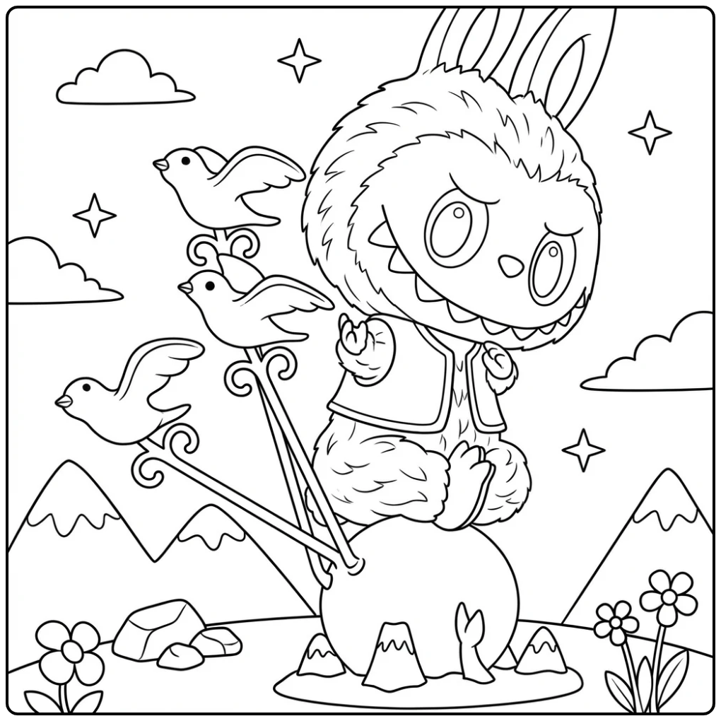 Een Perzik Labubu Kleurplaat: Labubu balanceert op een bal.