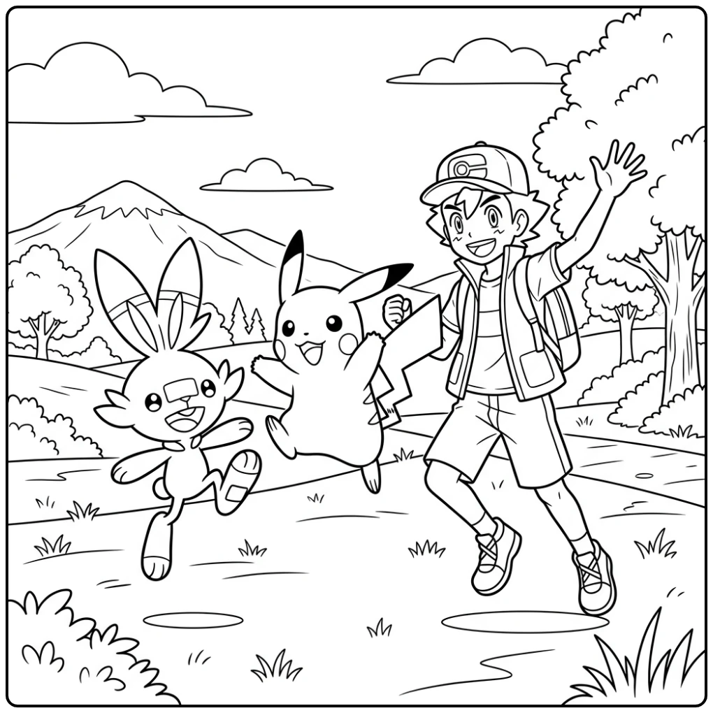Vrolijke pikachu kleurplaat met Scorbunny en Ash in het veld.