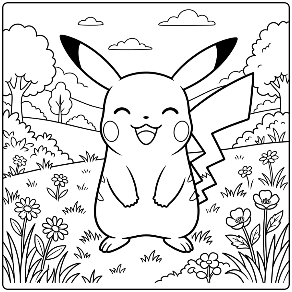 Vrolijke pikachu kleurplaat staand in een weide met bloemen.