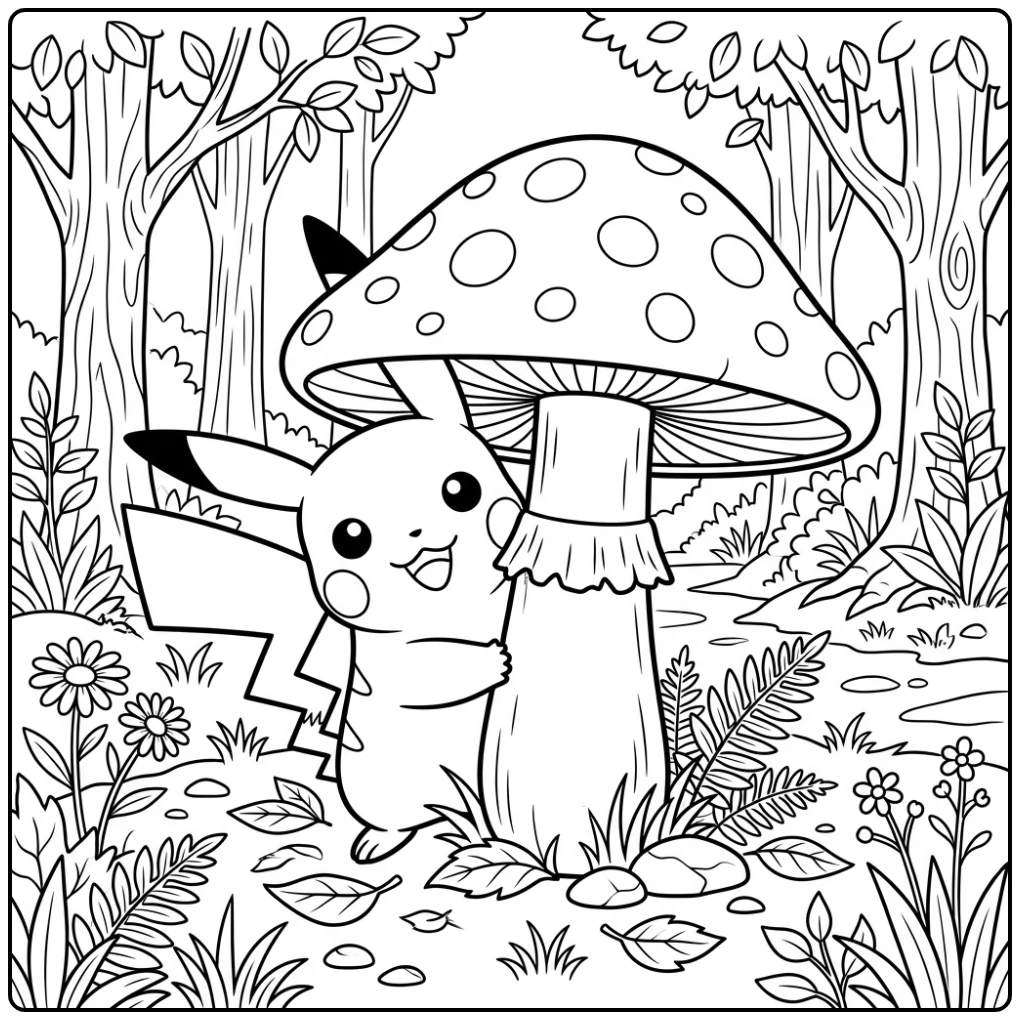 Schattige pikachu kleurplaat achter een paddenstoel in bos.