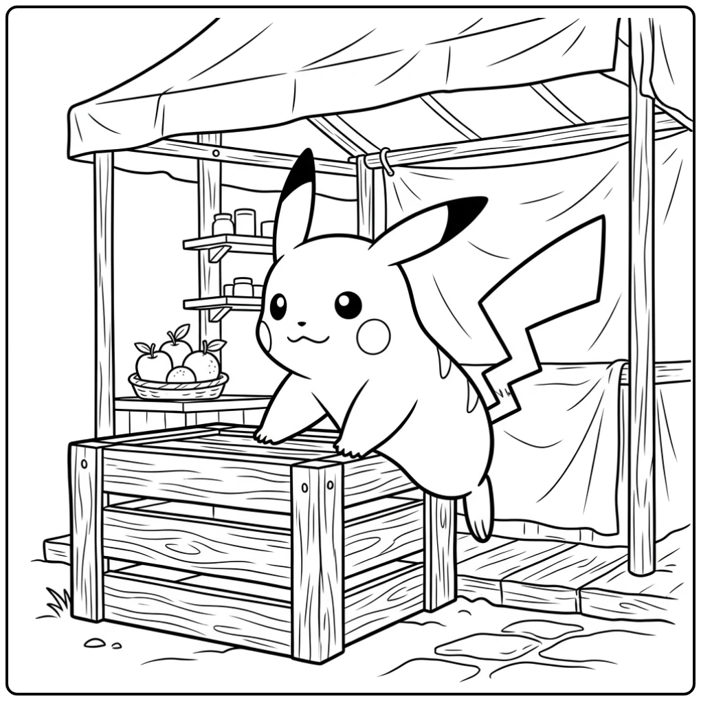 Pikachu kleurplaat: Pikachu klimt op een houten krat.