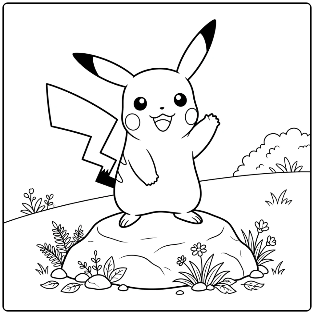 Vrolijk zwaaiende pikachu kleurplaat op een gladde steen.