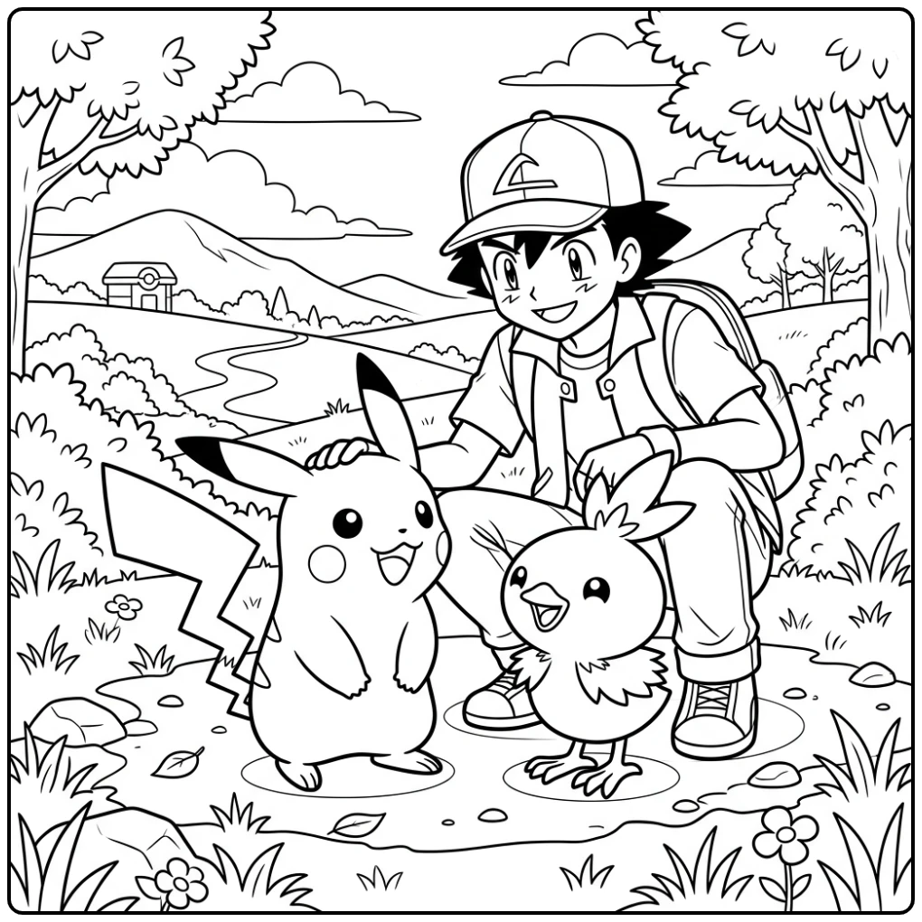 Een vrolijke pikachu kleurplaat met Torchic en Ash Ketchum.