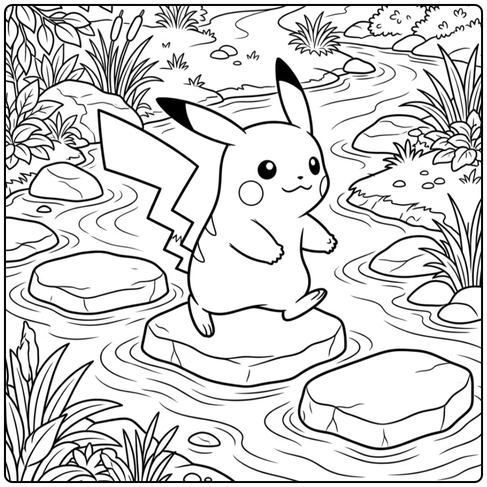 Schattige pikachu kleurplaat bij een stroompje met stenen