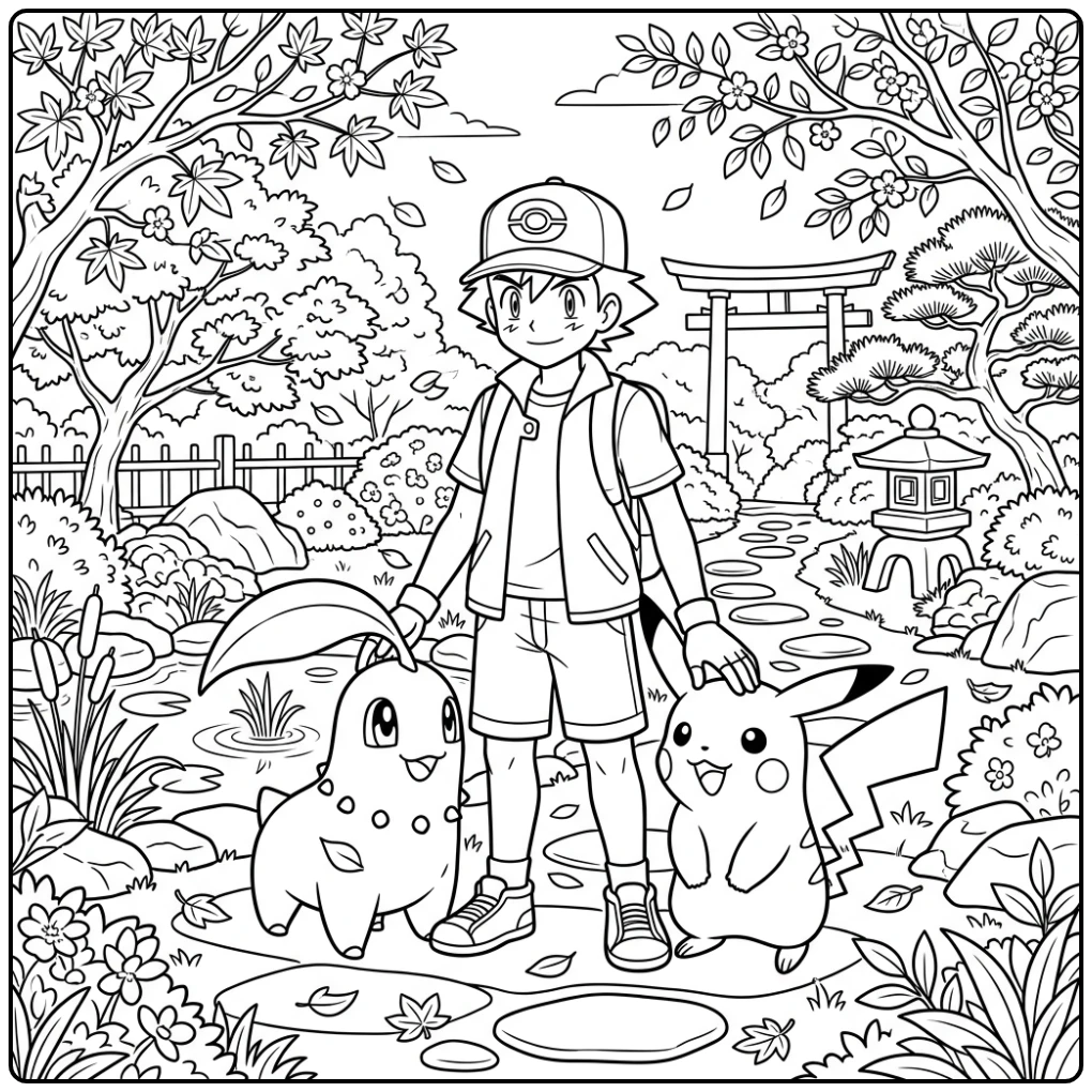Mooie pikachu kleurplaat met Satoshi en Chikorita in tuin
