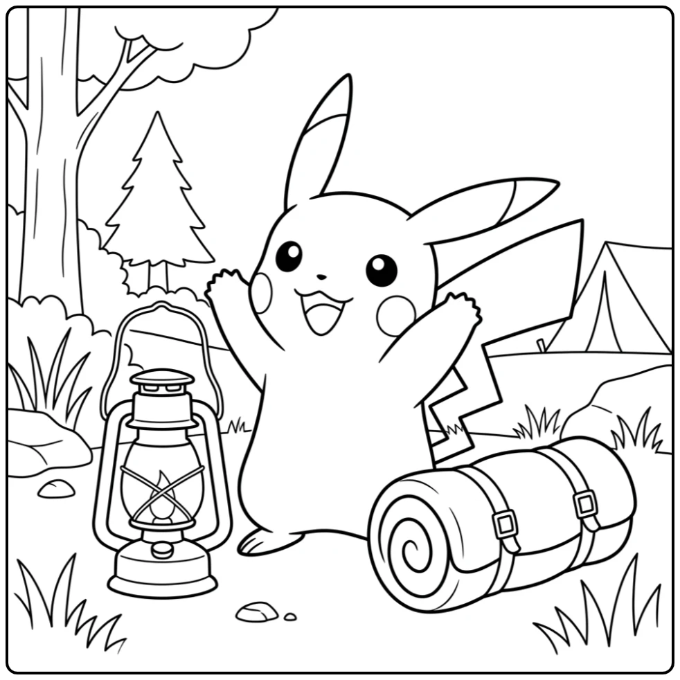 Blije pikachu kleurplaat met een kampeerlantaarn en slaapzak.