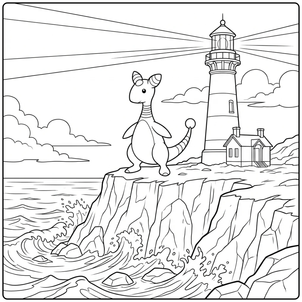 Pokemon Ampharos kleurplaat bij een vuurtoren op een klif.