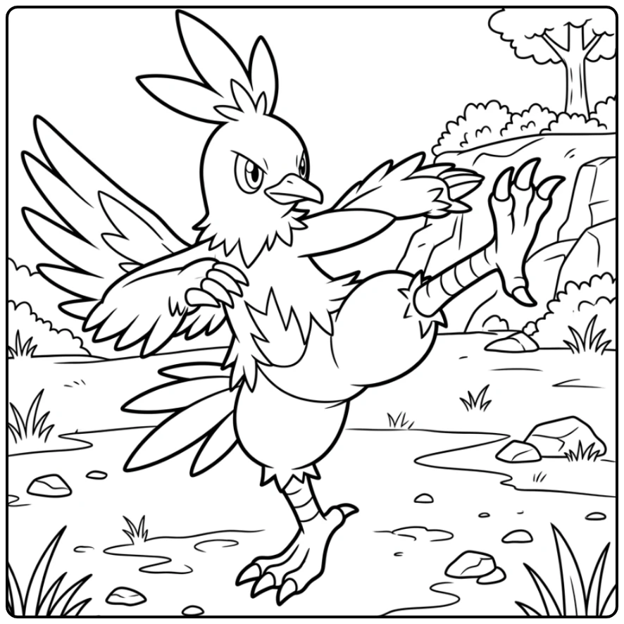 Dynamische Pokemon Combusken kleurplaat met een hoge trap.