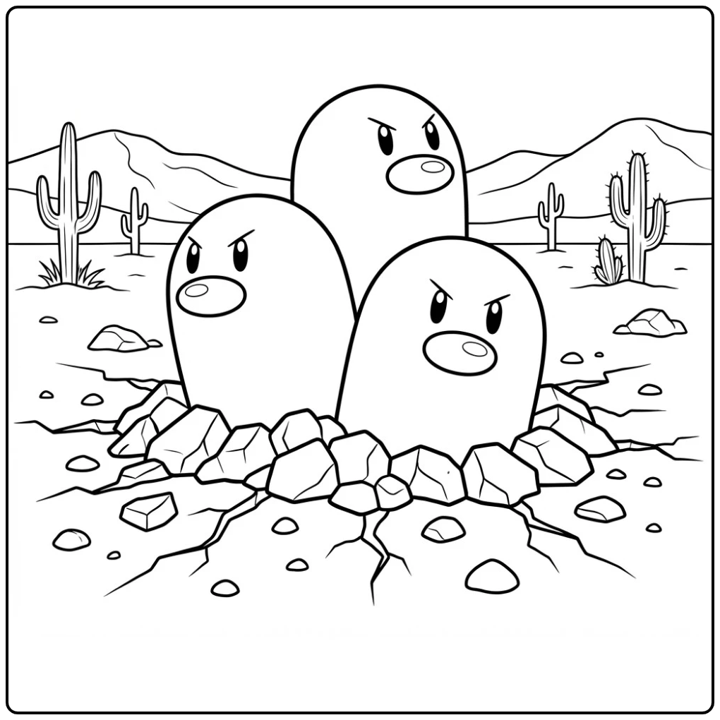 Pokemon Dugtrio kleurplaat in een droge woestijn.