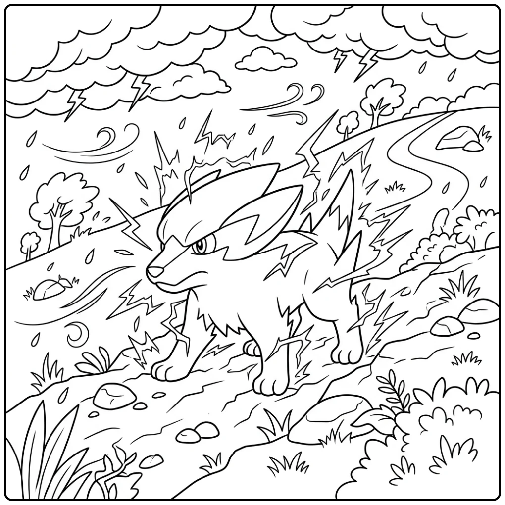 Pokemon Electrike kleurplaat met bliksem op een heuvel.
