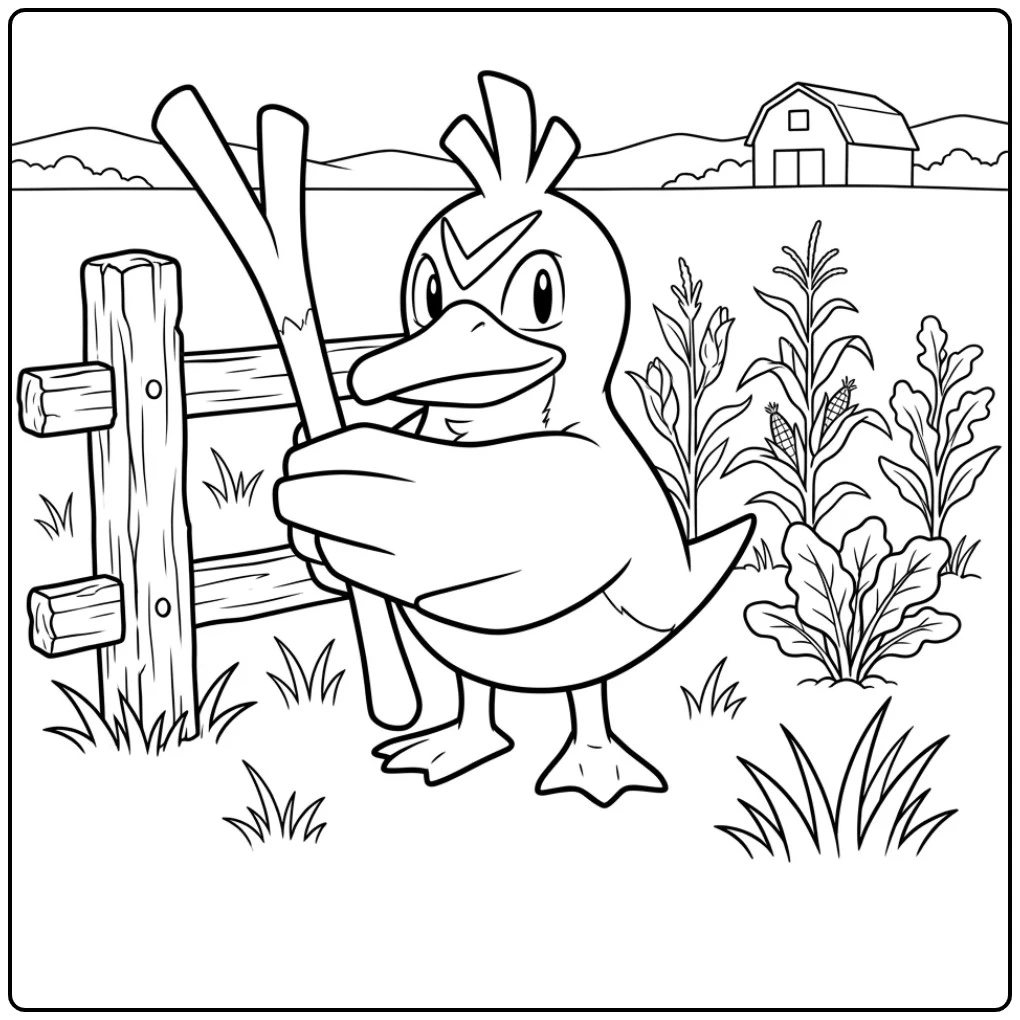 Mooie Pokemon Farfetch'd kleurplaat in het boerenlandschap.