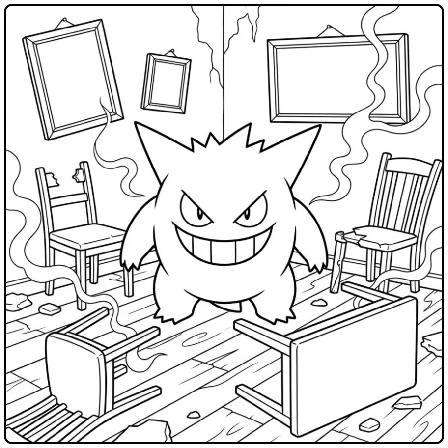 Pokemon Gengar kleurplaat in een verlaten, spookachtige kamer.
