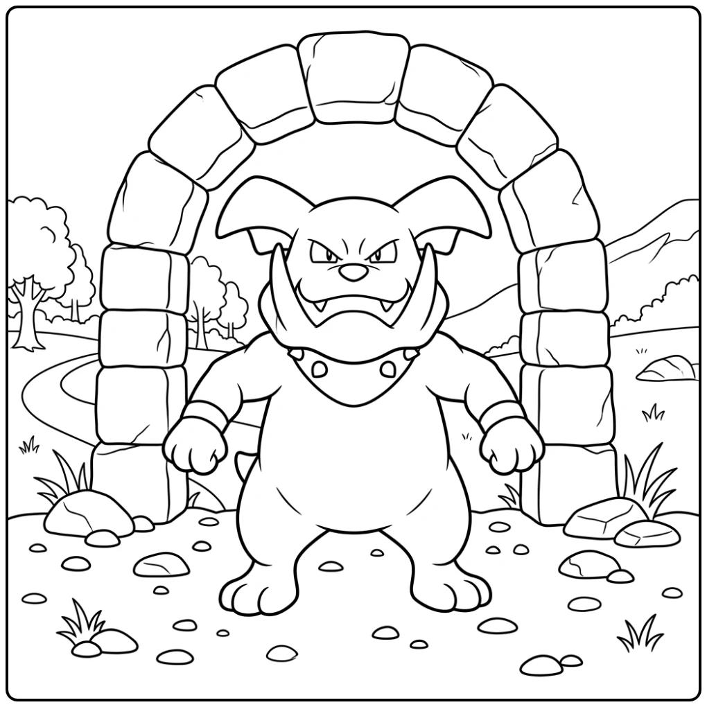 Mooie Pokemon Granbull kleurplaat voor een stenen boog.