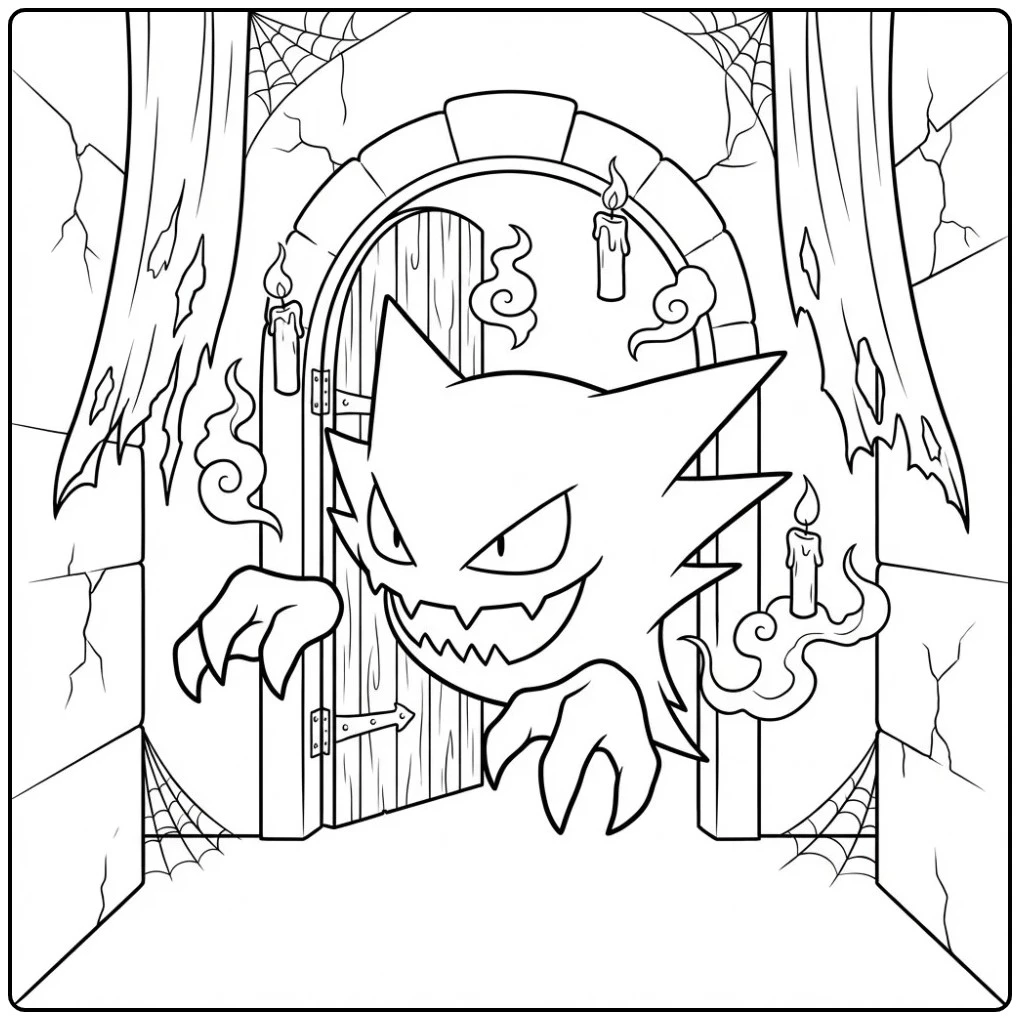 Enge Pokemon Haunter kleurplaat in een spookachtige gang.