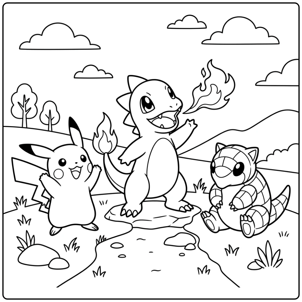 Charmander, Pikachu en Sandshrew: pokemon kleurplaat makkelijk om te kleuren.