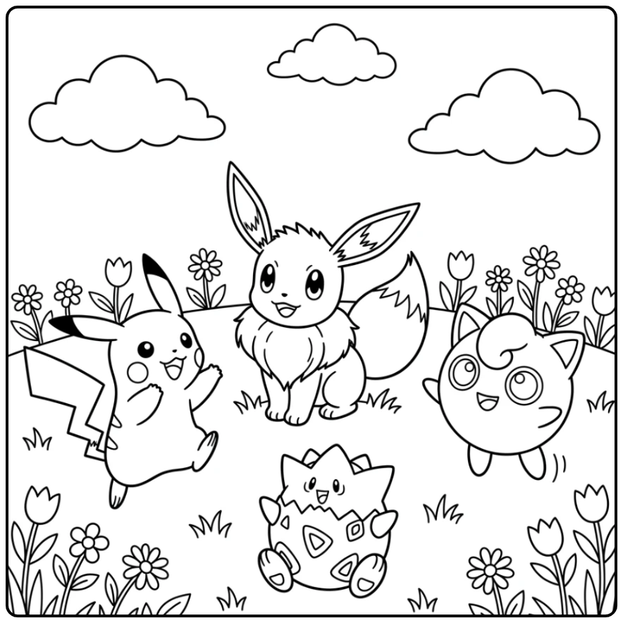 Een vrolijke pokemon kleurplaat makkelijk met Eevee en vrienden.