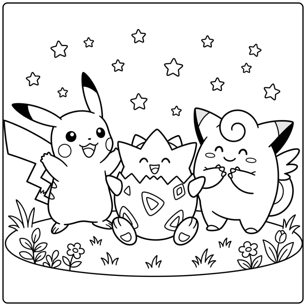 Togepi, Pikachu en Clefairy: een pokemon kleurplaat makkelijk voor plezier.