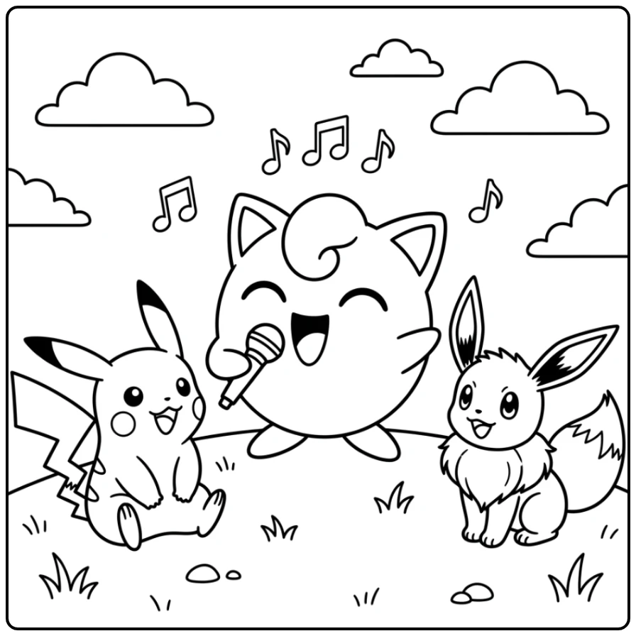 Jigglypuff zingt voor Pikachu & Eevee, een pokemon kleurplaat makkelijk.