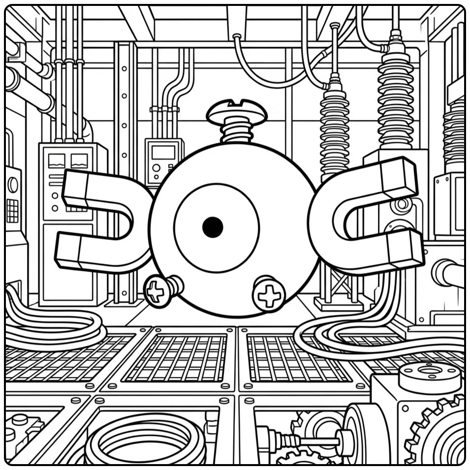 Pokemon Magnemite kleurplaat in een oude stroomcentrale.