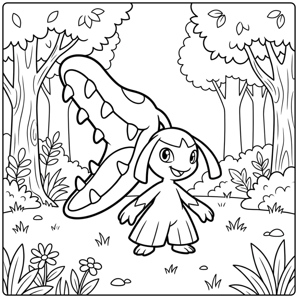 Pokemon Mawile kleurplaat lacht met grote kaken in het bos