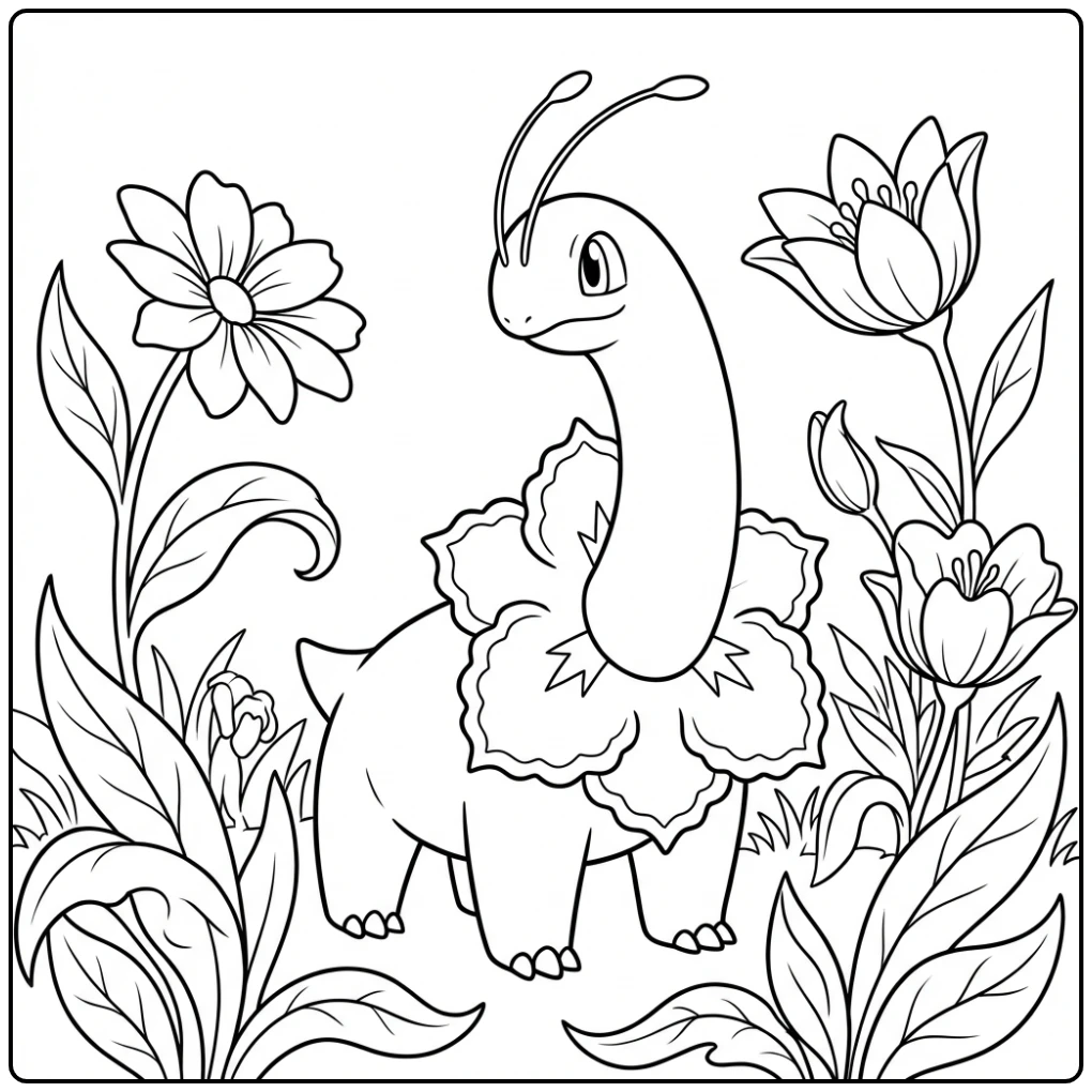 Prachtige Pokemon Meganium kleurplaat in een weide.