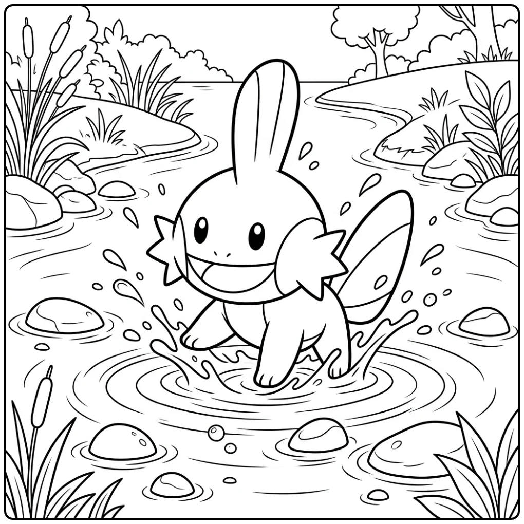 Vrolijke Pokemon Mudkip kleurplaat spelend in het water.