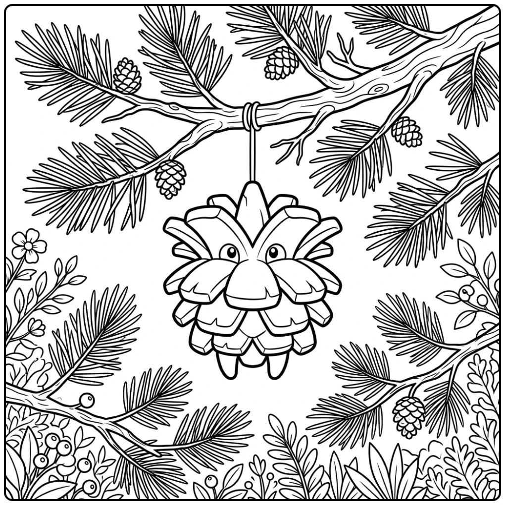 Pokemon Pineco kleurplaat hangend aan een stevige boomtak.