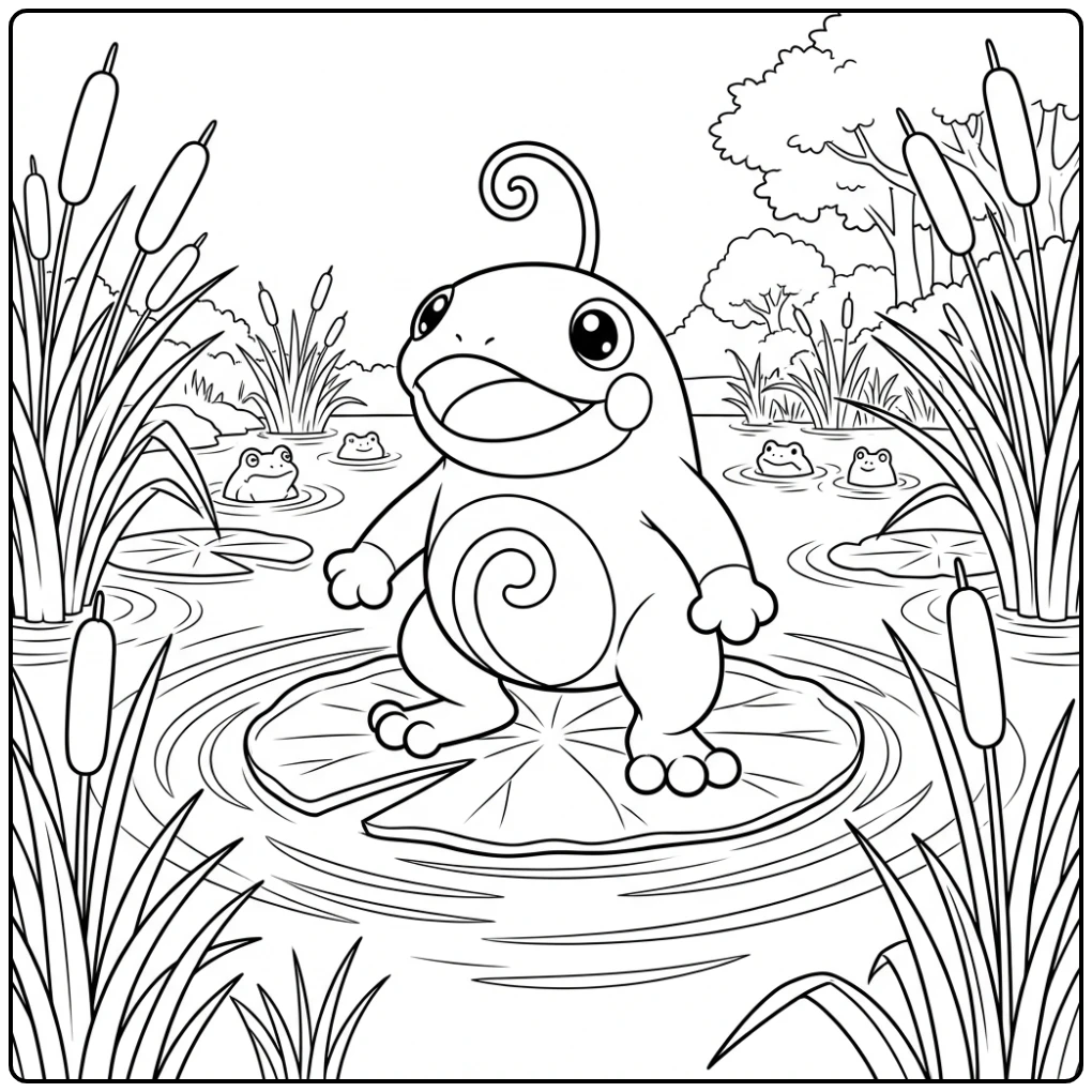 Vrolijke Pokemon Politoed kleurplaat in een vijver.