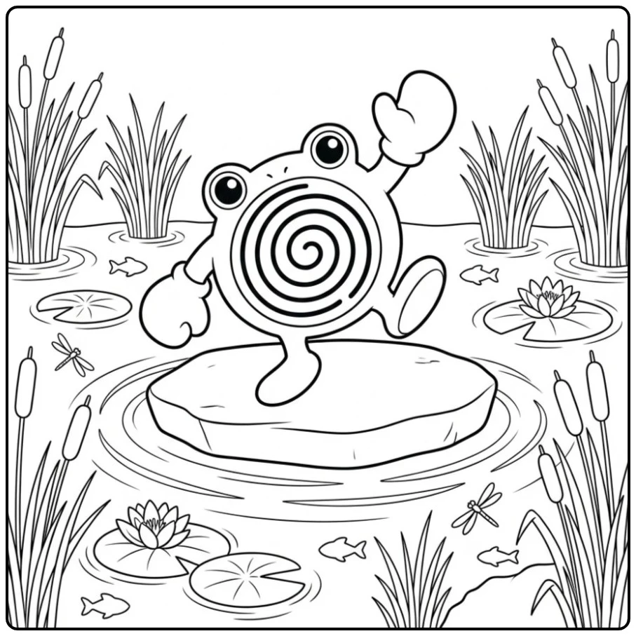 Vrolijke Pokemon Poliwhirl kleurplaat in een vijver.
