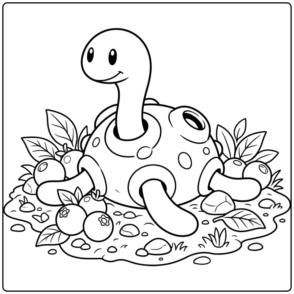 Pokemon Shuckle kleurplaat met bessen en stenen.