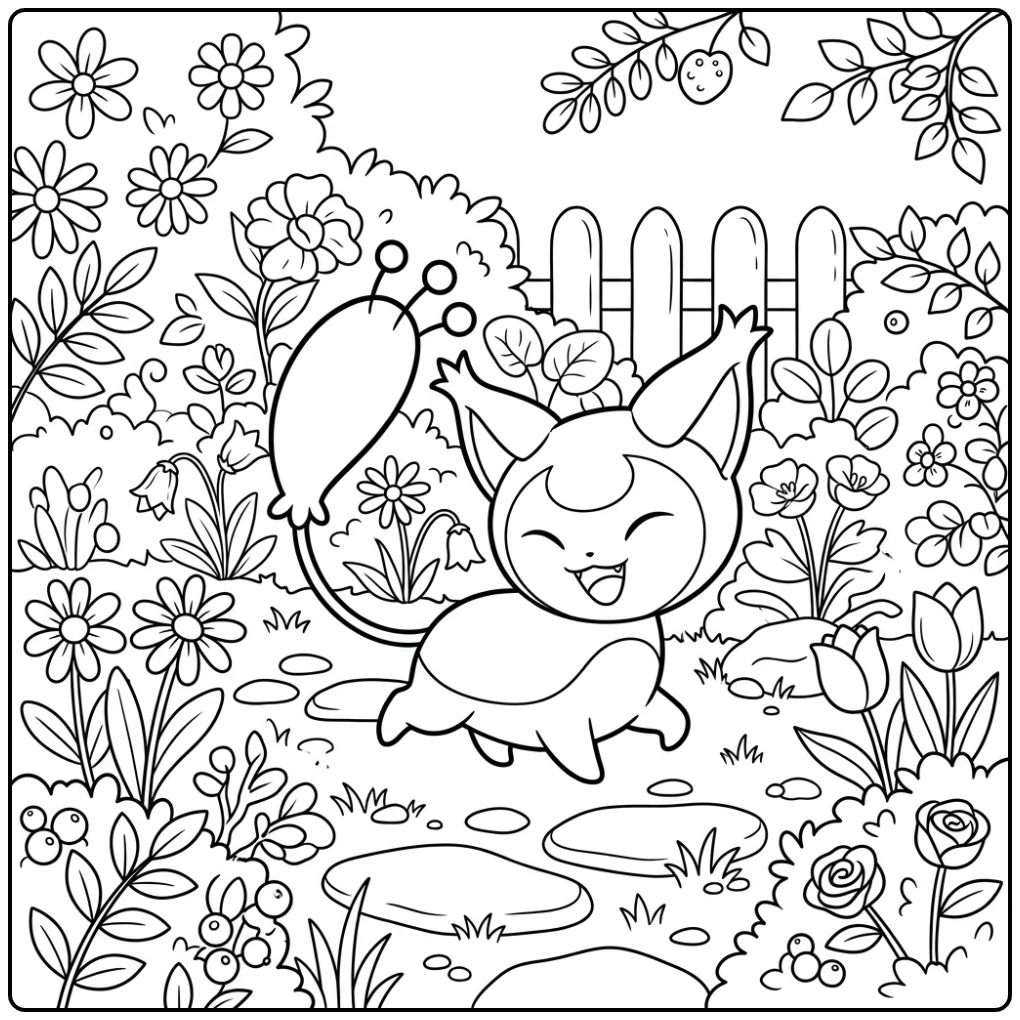 Schattige Pokemon Skitty kleurplaat in een bloementuin.