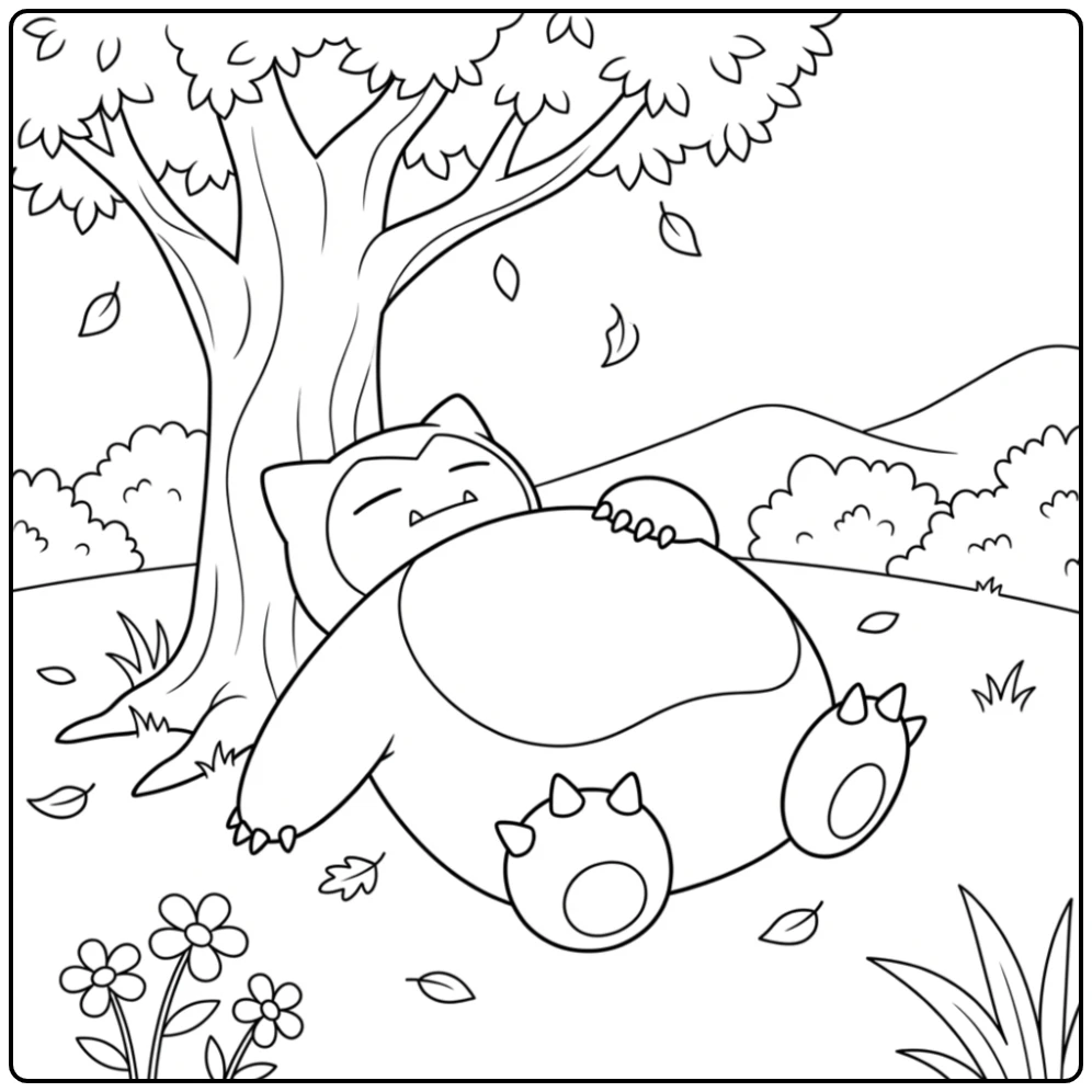 Slapende Pokemon Snorlax kleurplaat onder een mooie boom.