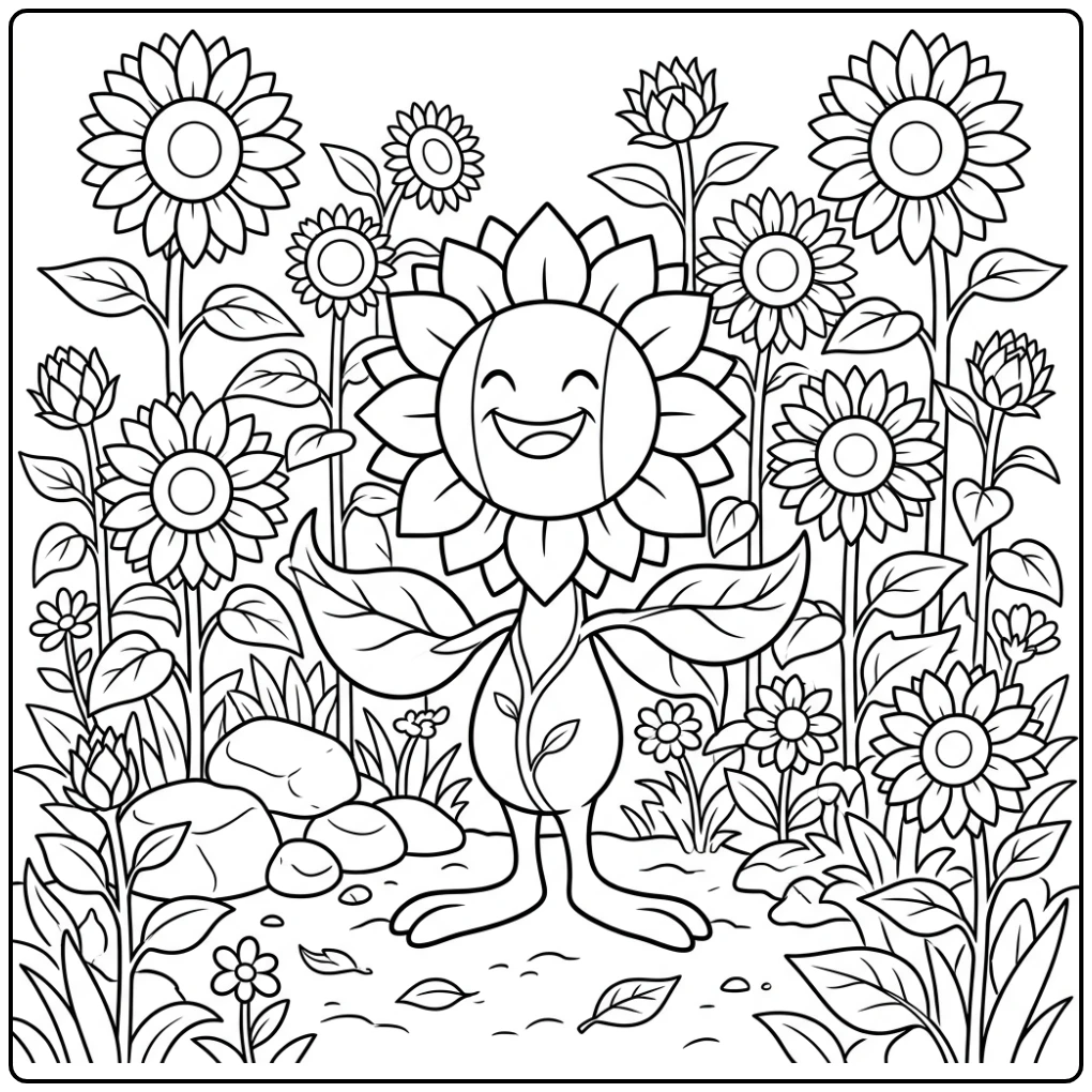 Vrolijke Pokemon Sunflora kleurplaat in een zonnebloemtuin.