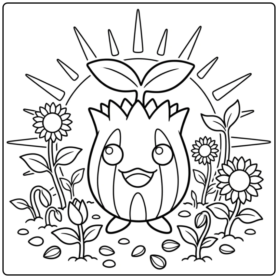Vrolijke Pokemon Sunkern kleurplaat in een zonnebloemveld.