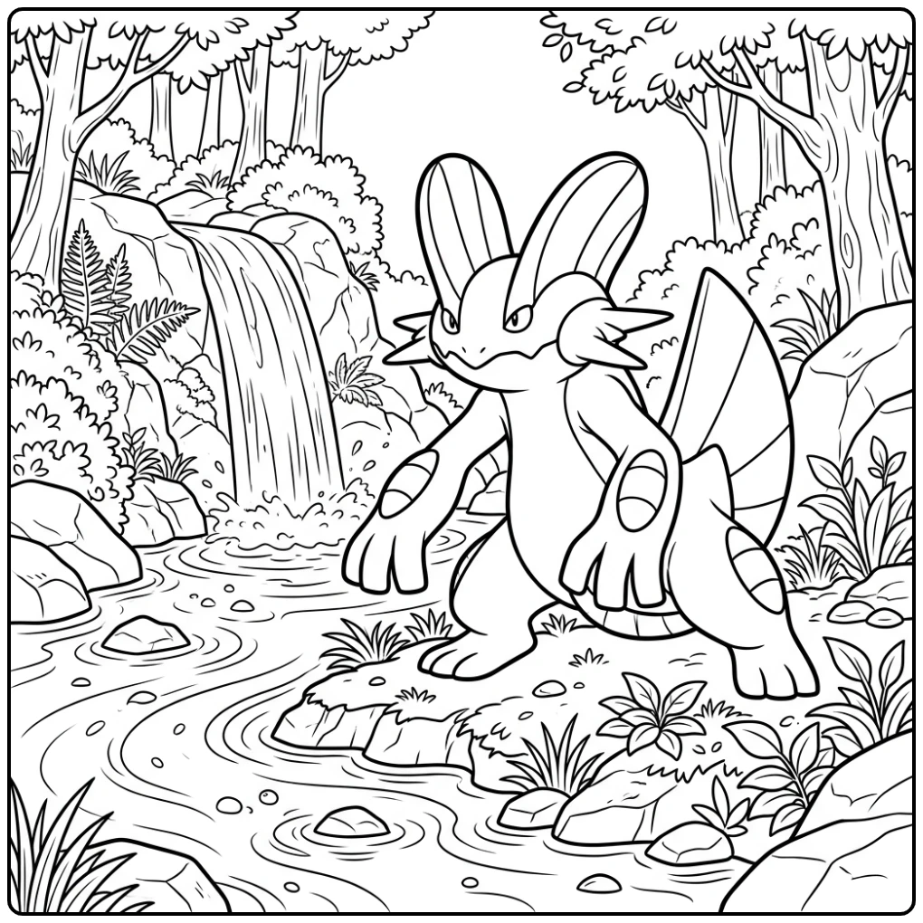 Mooie Pokemon Swampert kleurplaat bij een kleine waterval.