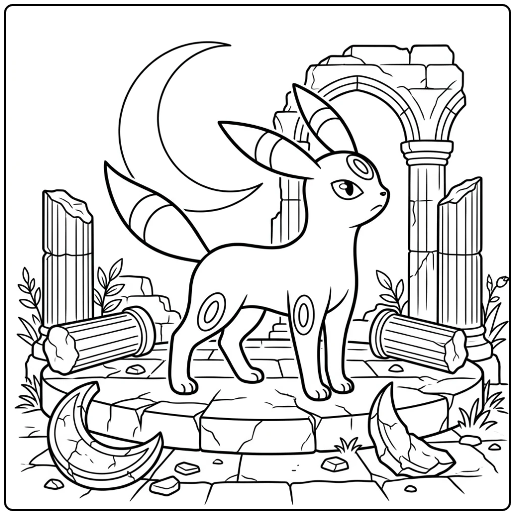 Mooie Pokemon Umbreon kleurplaat in een maanverlichte ruïne.