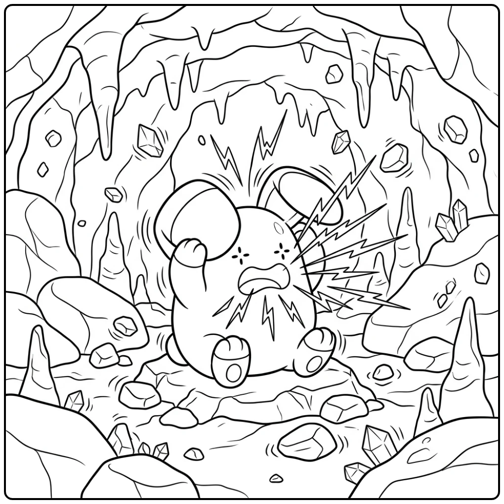 Pokemon Whismur kleurplaat in een grot vol kristallen.