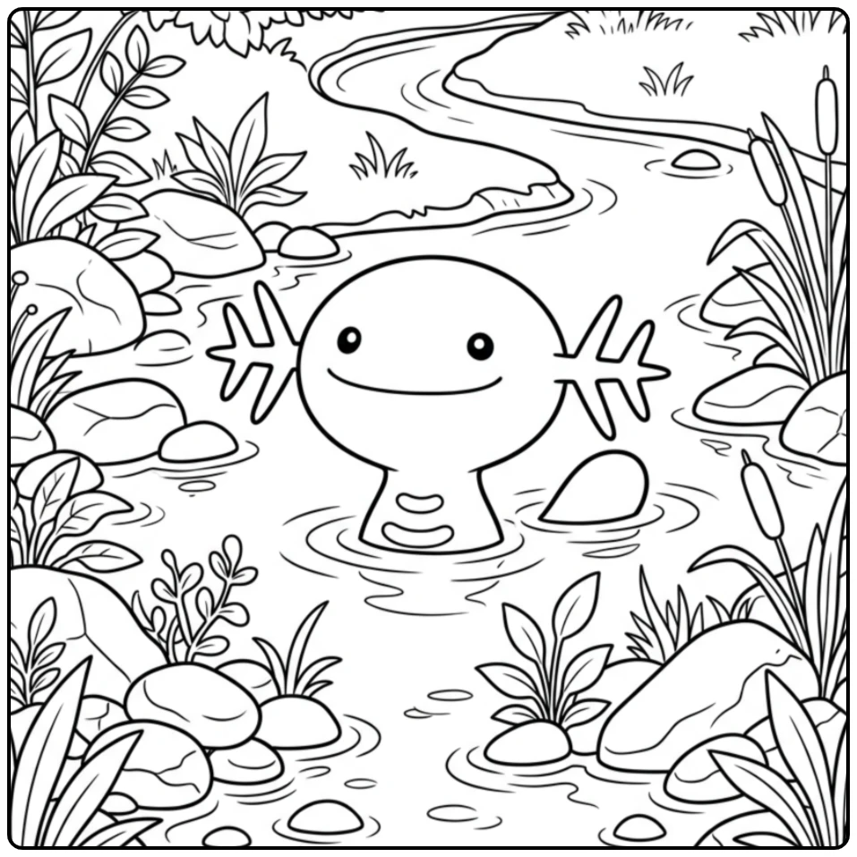 Pokemon Wooper kleurplaat in ondiep water bij stenen.
