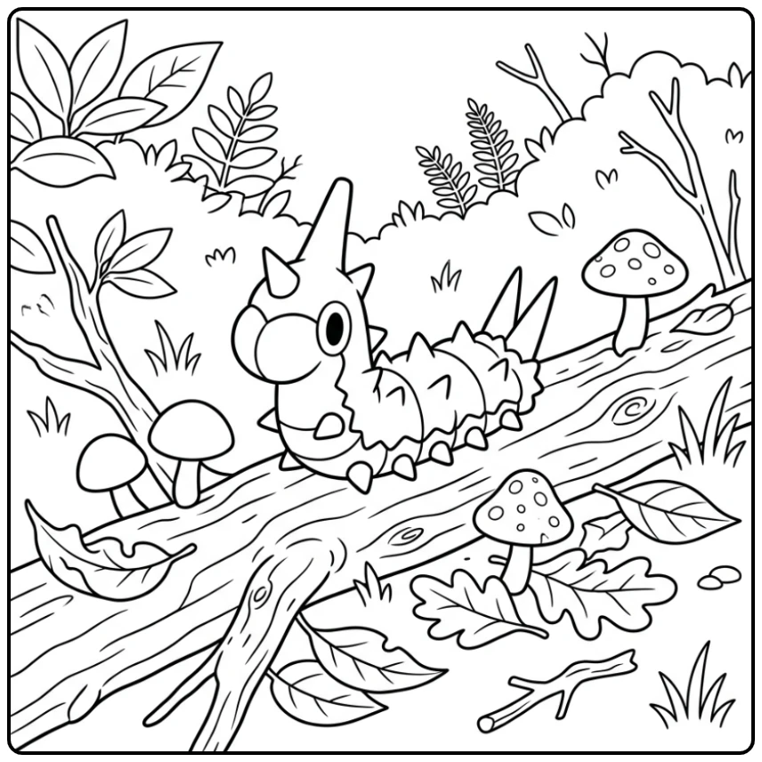 Mooie Pokemon Wurmple kleurplaat op een tak in het bos.