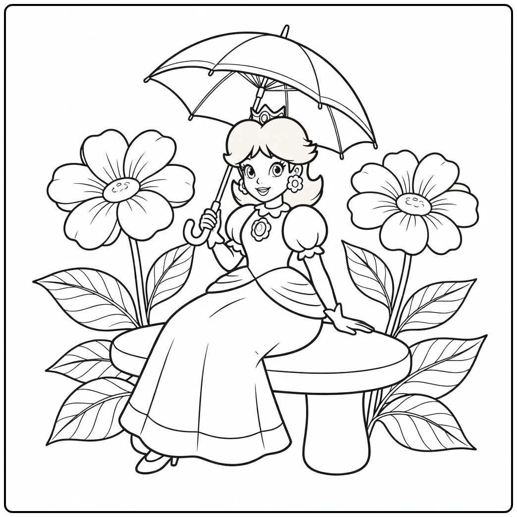 Mooie princess daisy kleurplaat op een paddenstoelenbank.