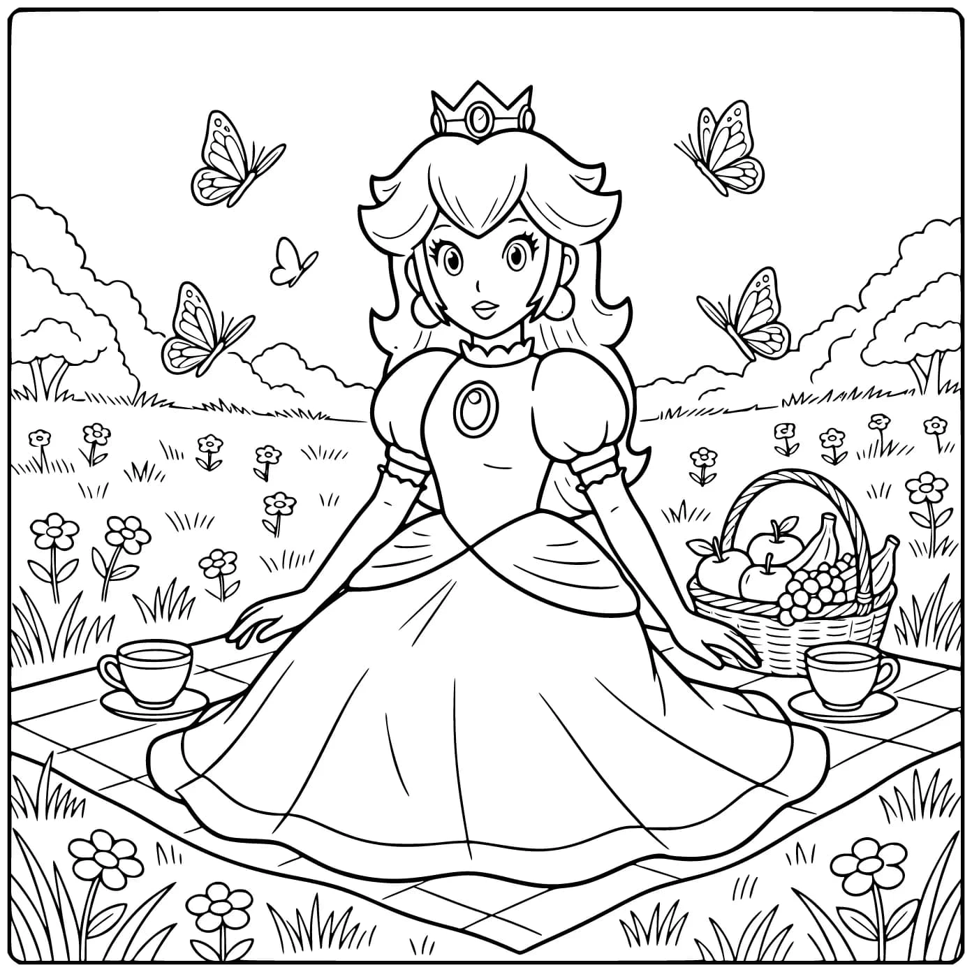 Mooie princess peach kleurplaat in een zonnige bloemenweide.